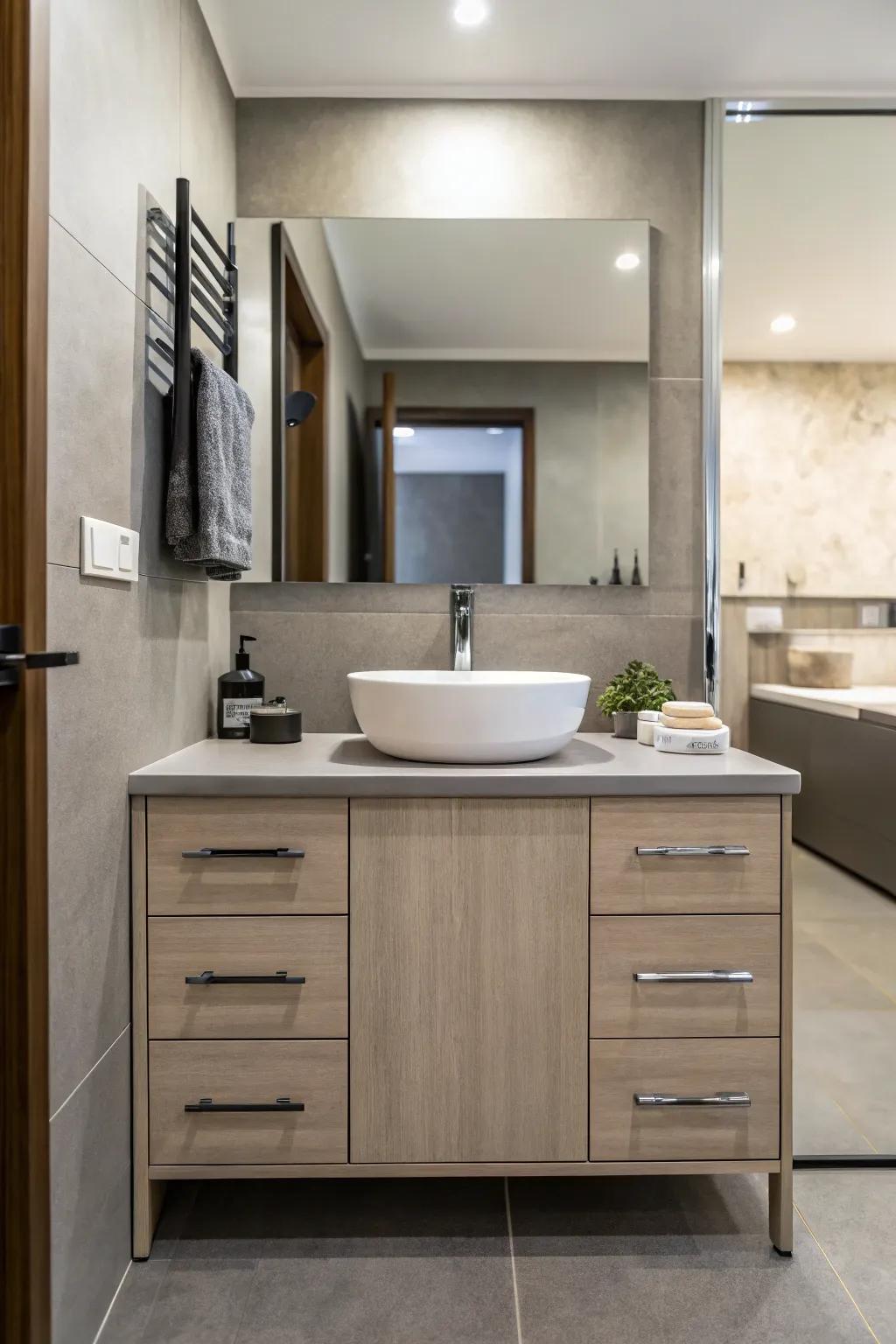 Modern fixtures bring a sleek and clean look to a teen boy's bathroom.