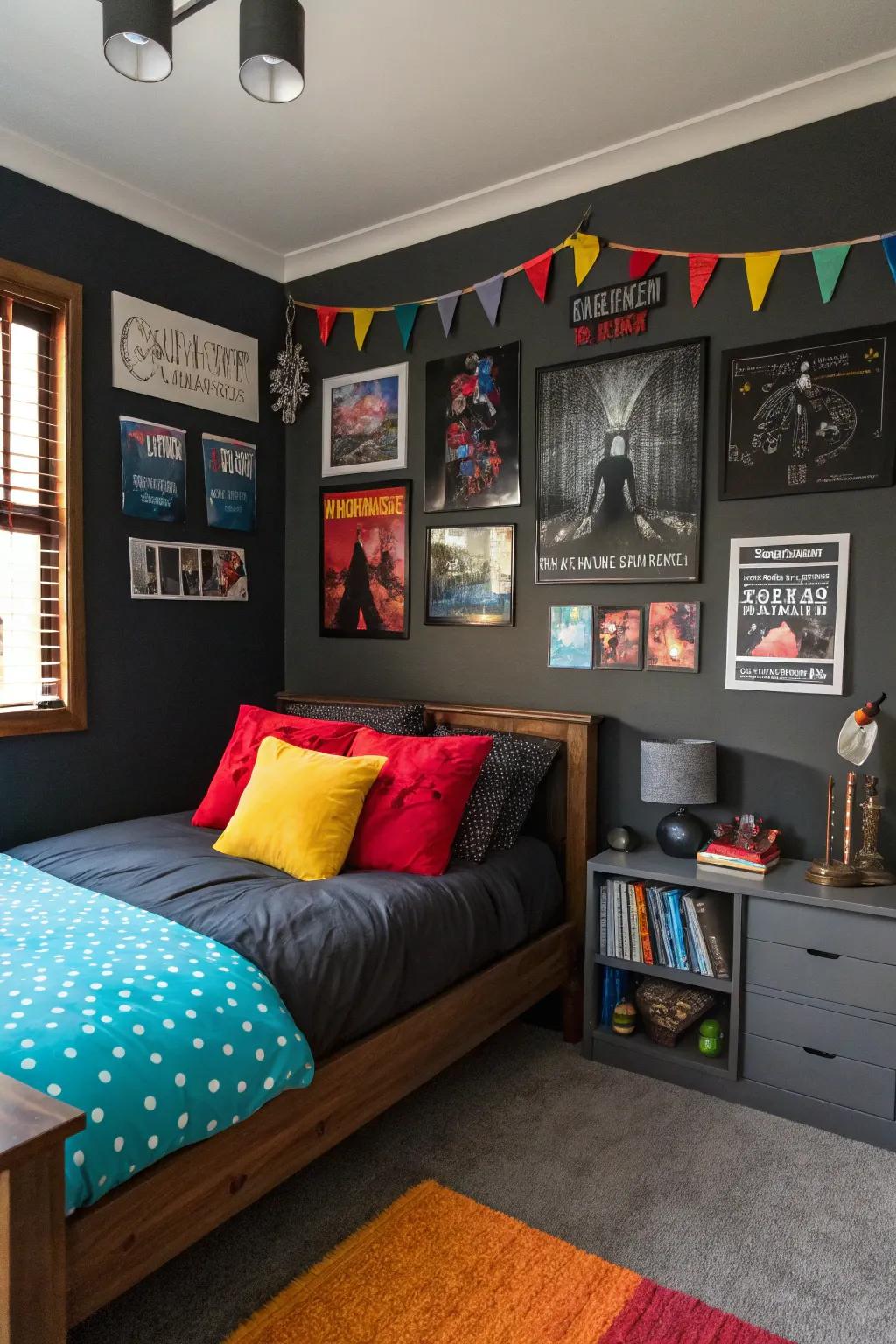 Dark walls paired with vibrant pillows create a striking color scheme.