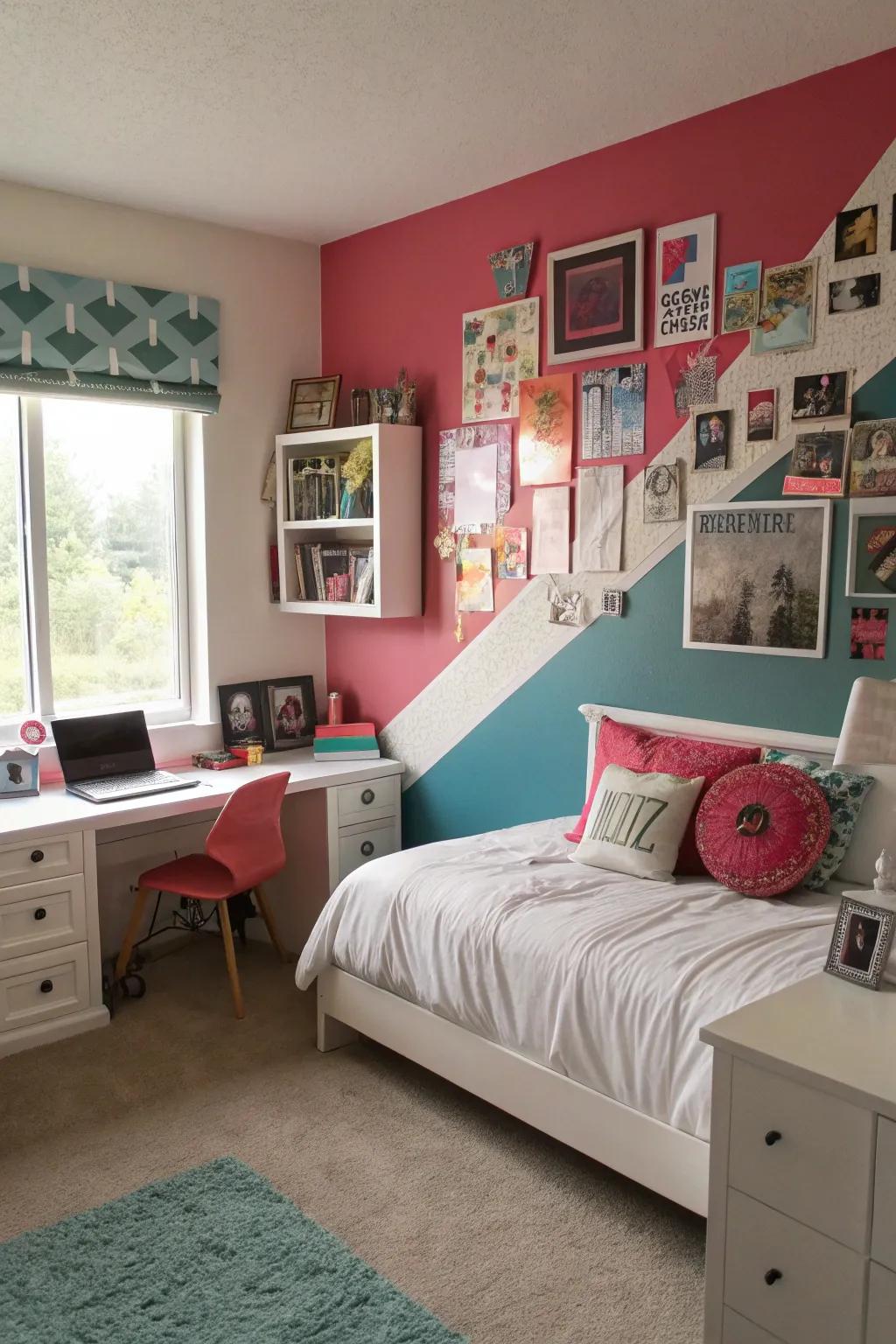 A striking statement wall adds flair and personality to a teen girl's bedroom.