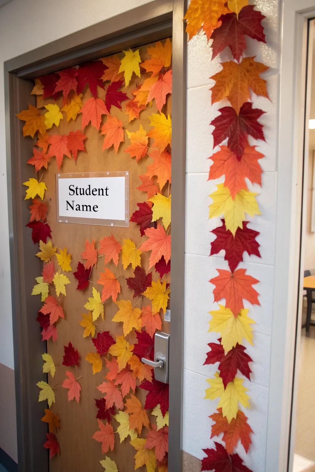 A vivid display of autumn leaves with students' names, injecting a personalized touch.
