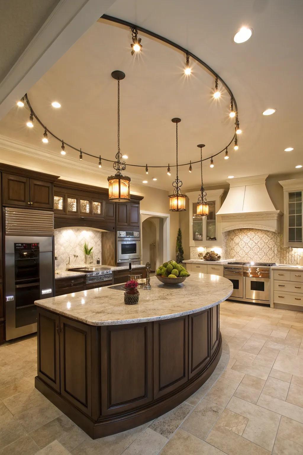 Curved track lighting enhancing a circular kitchen island