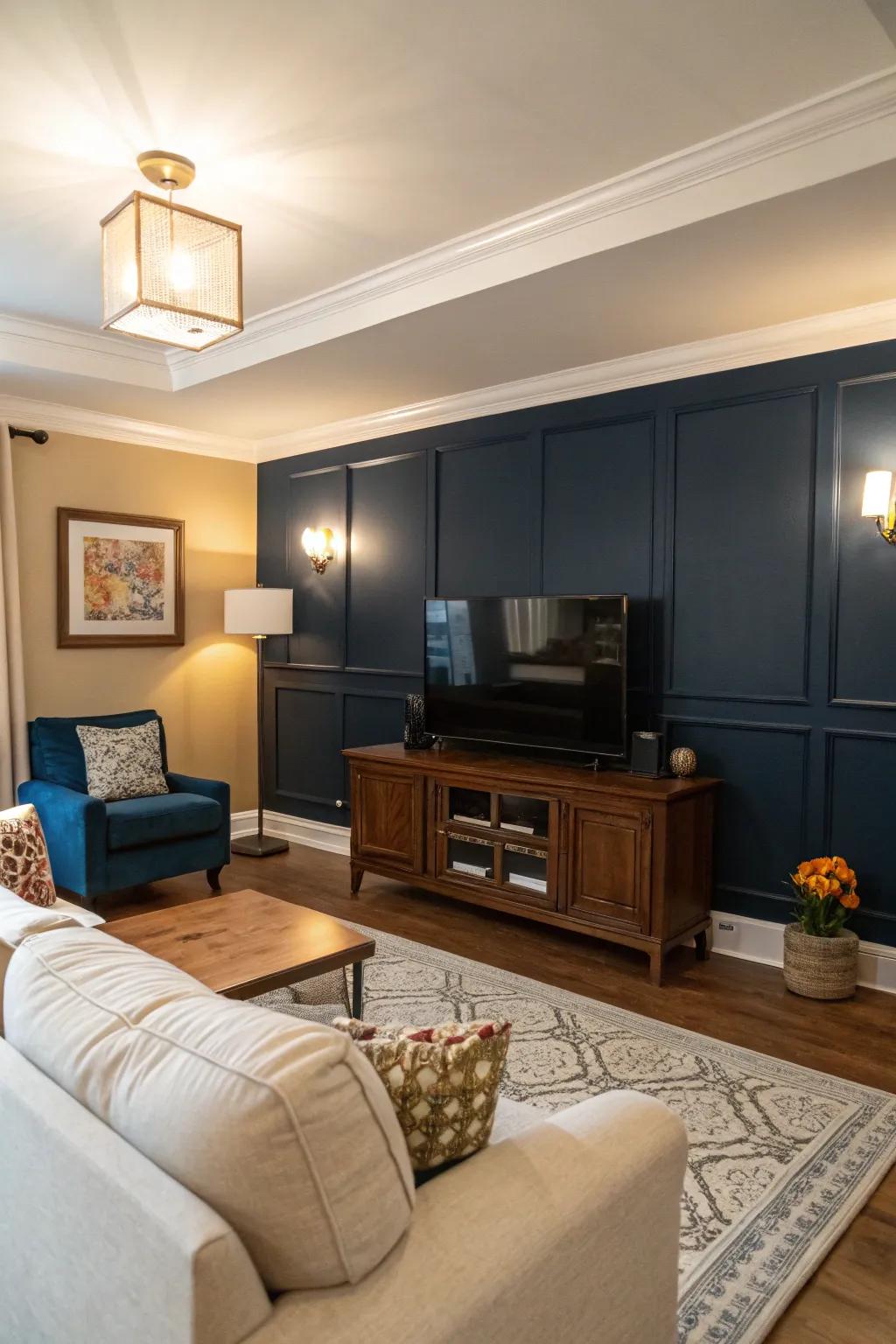 A TV displayed against a bold, deep navy wall in a contemporary living area.