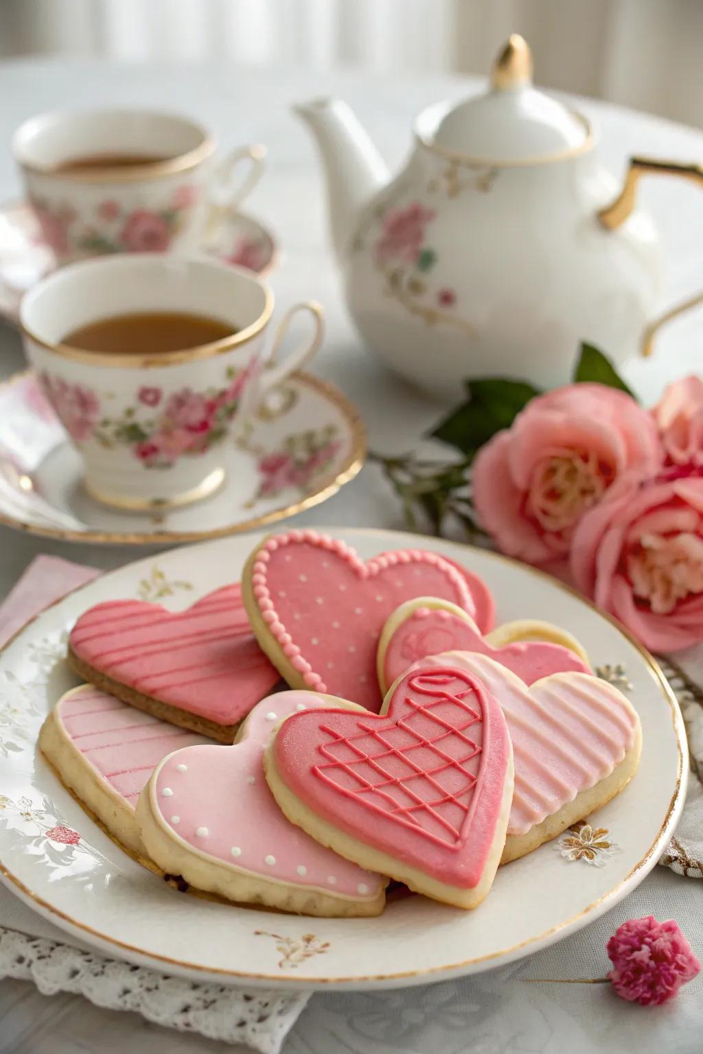 Delicious heart-shaped cookies with pink icing for Valentine's Day.