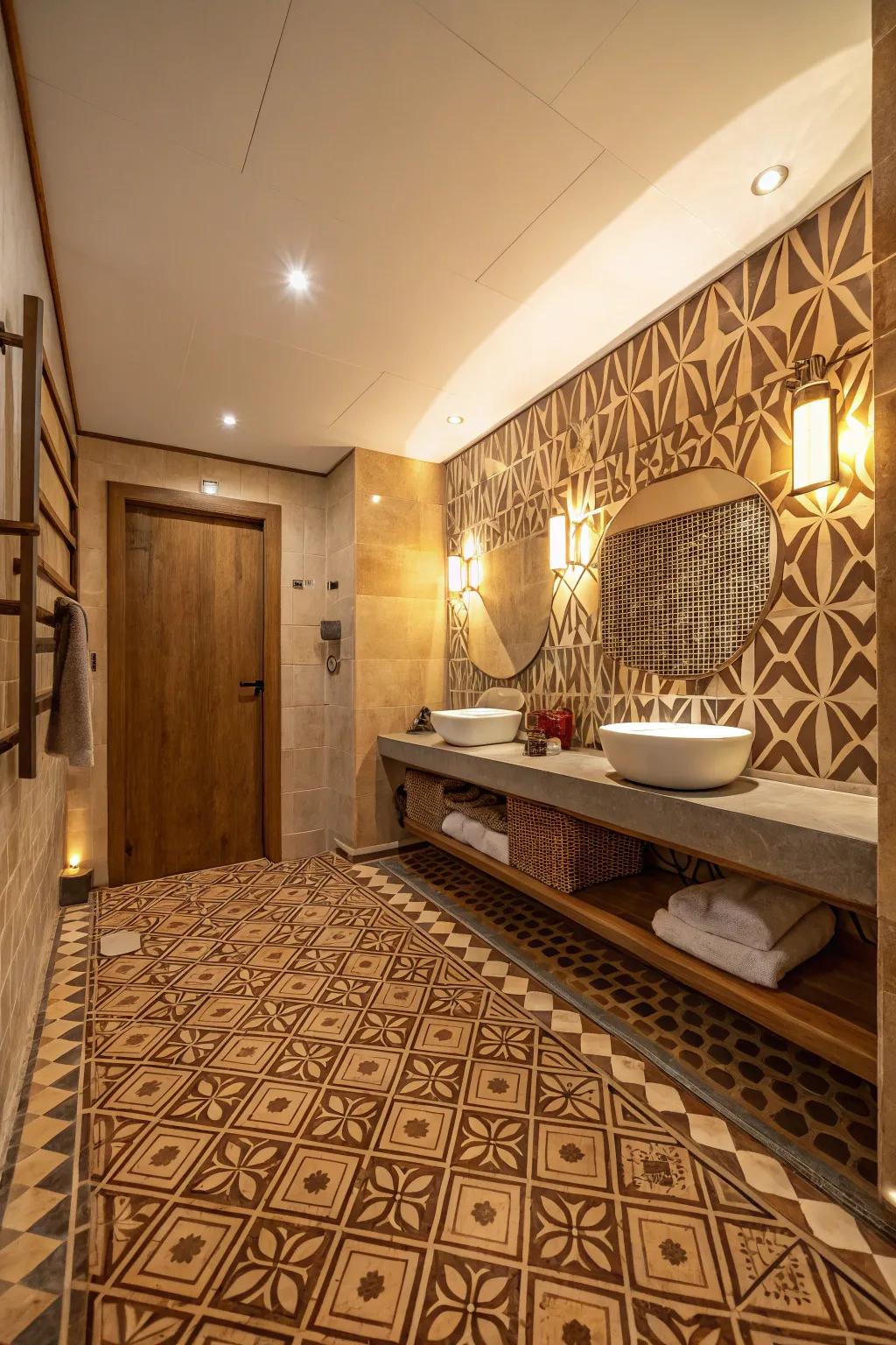 Geometric designs introduce a playful element to vintage brown tiles.