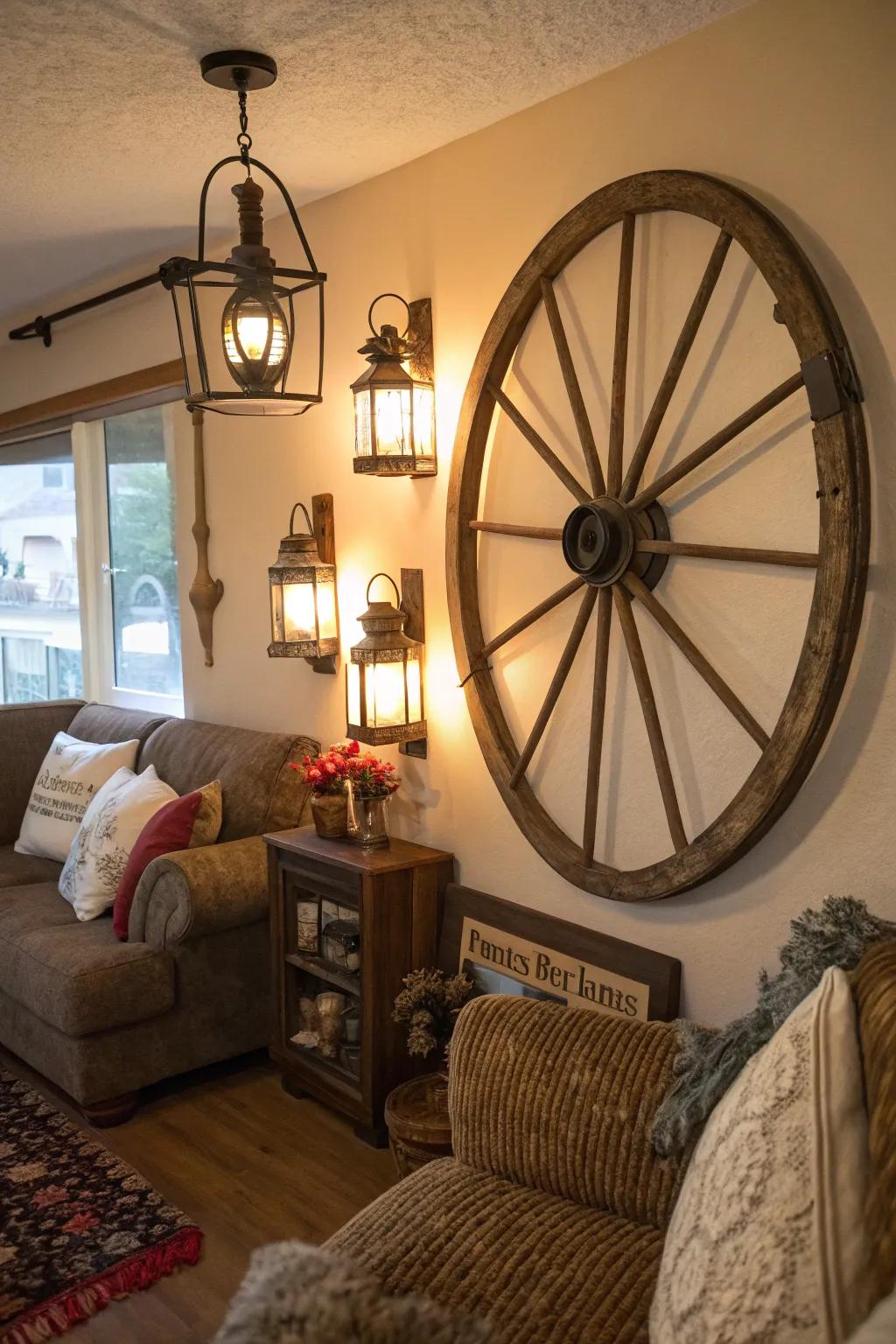 A cartwheel functions as rural wall artistry, enhanced by encircling classic lamps.
