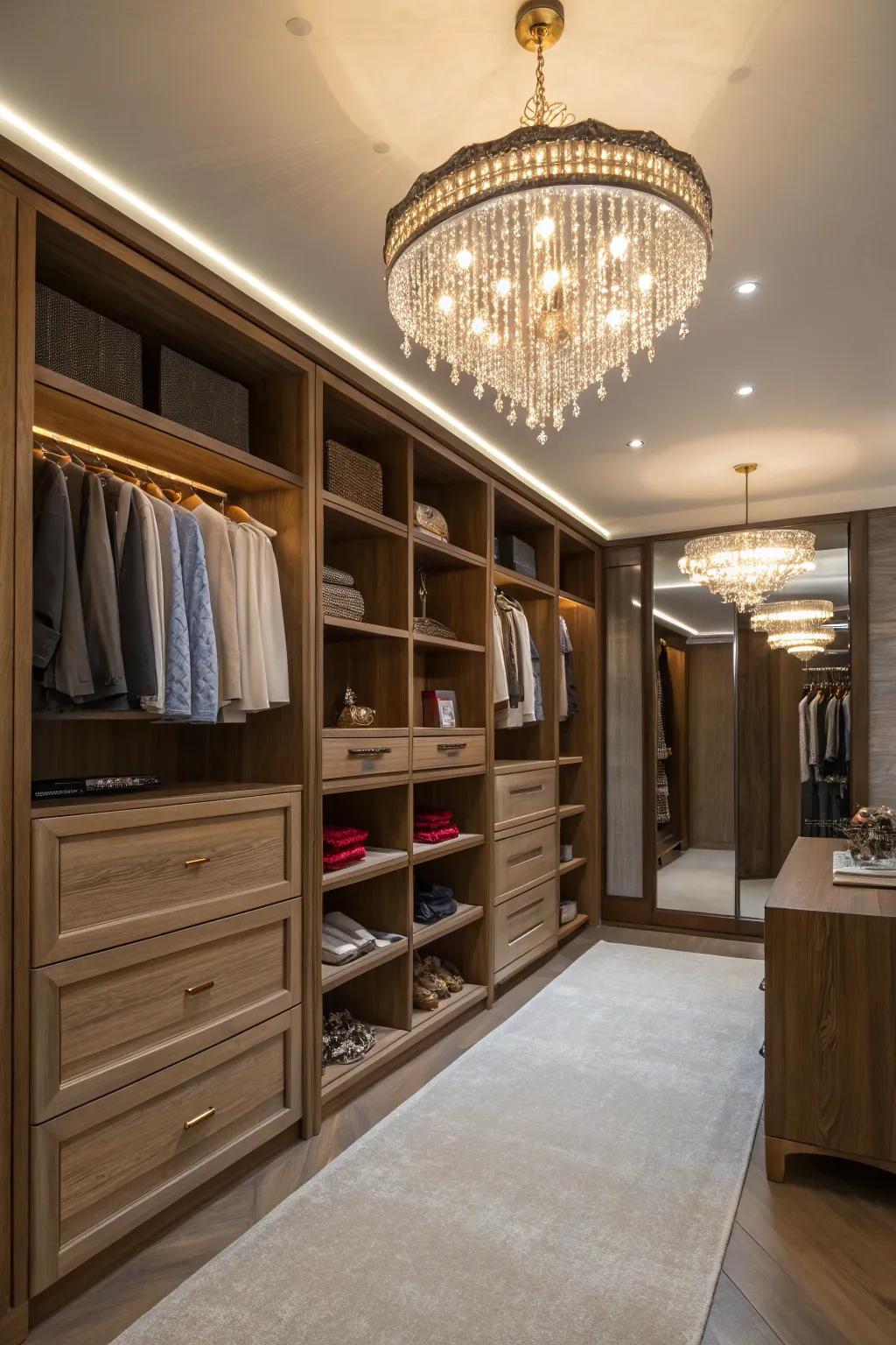 Elegant lighting transforms the closet into a luxurious, boutique-like space.