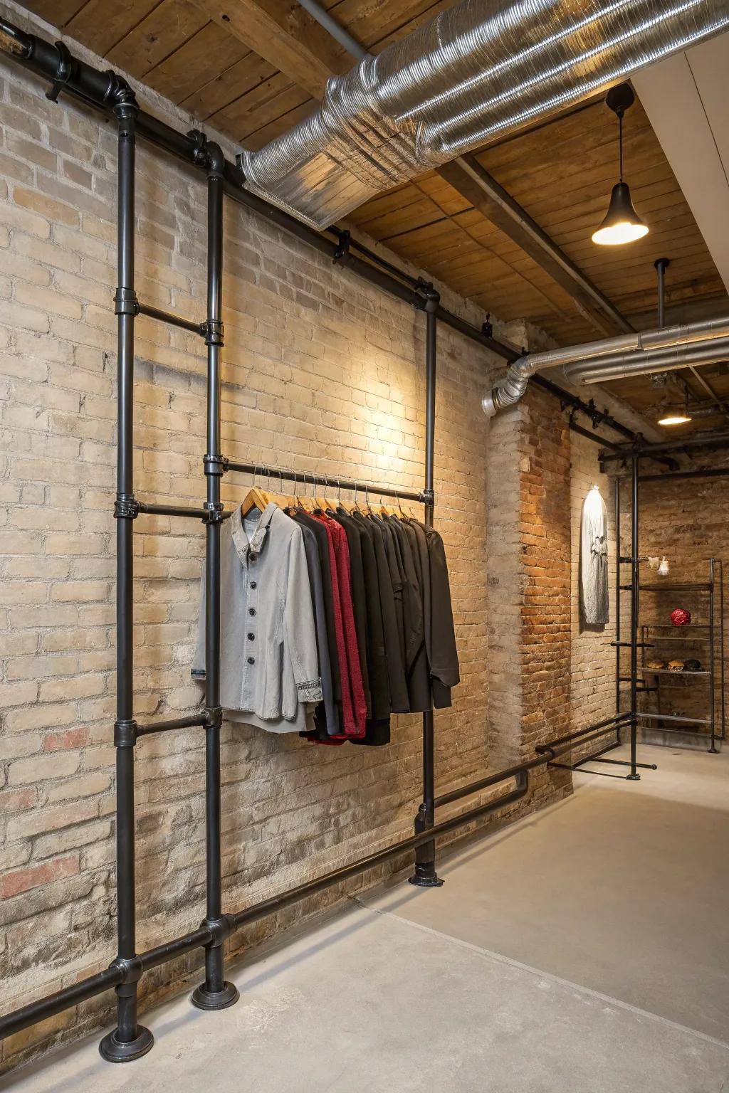 Industrial-themed room showcasing a metal pipe wall-mounted clothing rack.