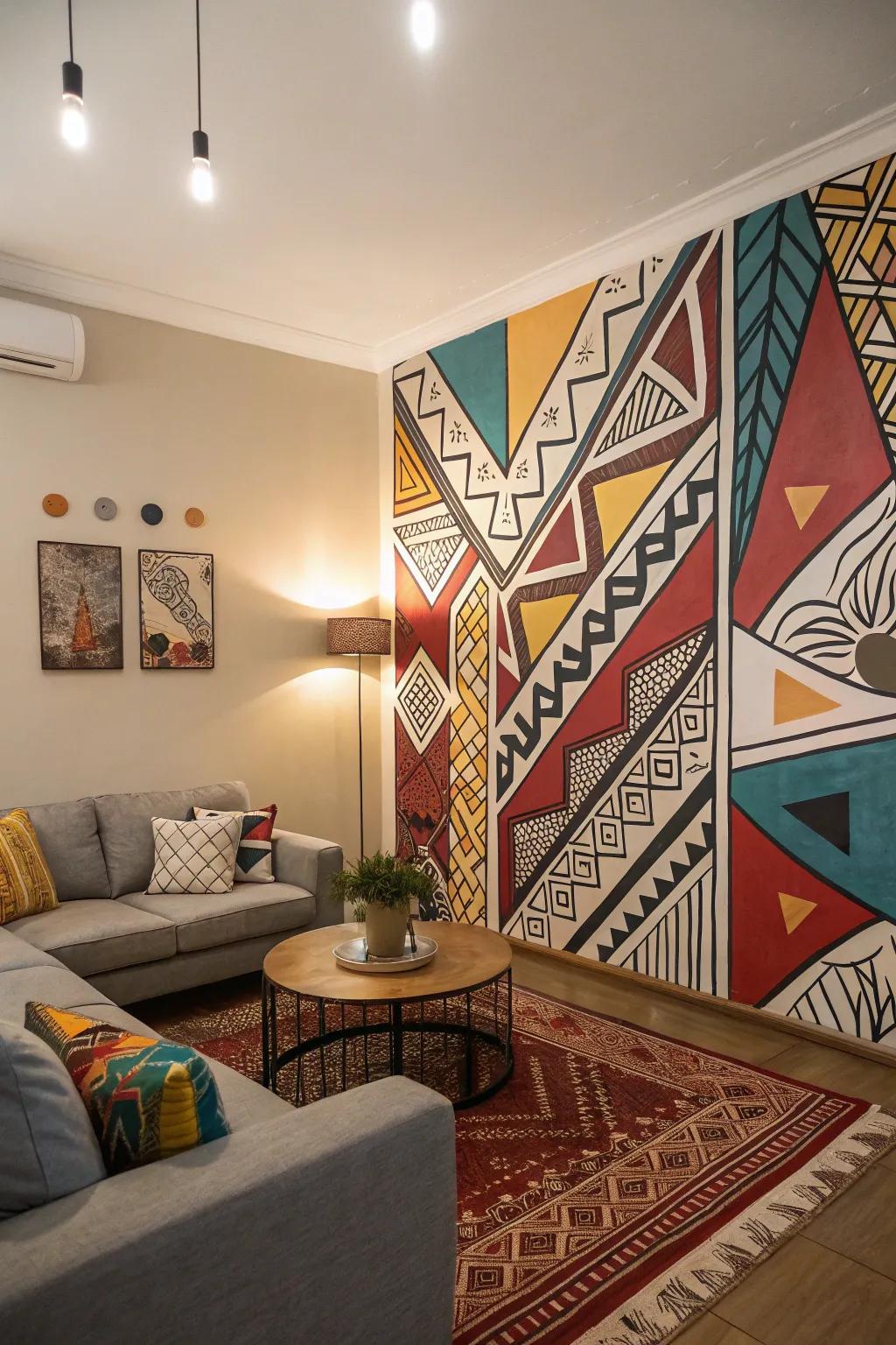 Add an artistic touch to your living room with a bold abstract mural.