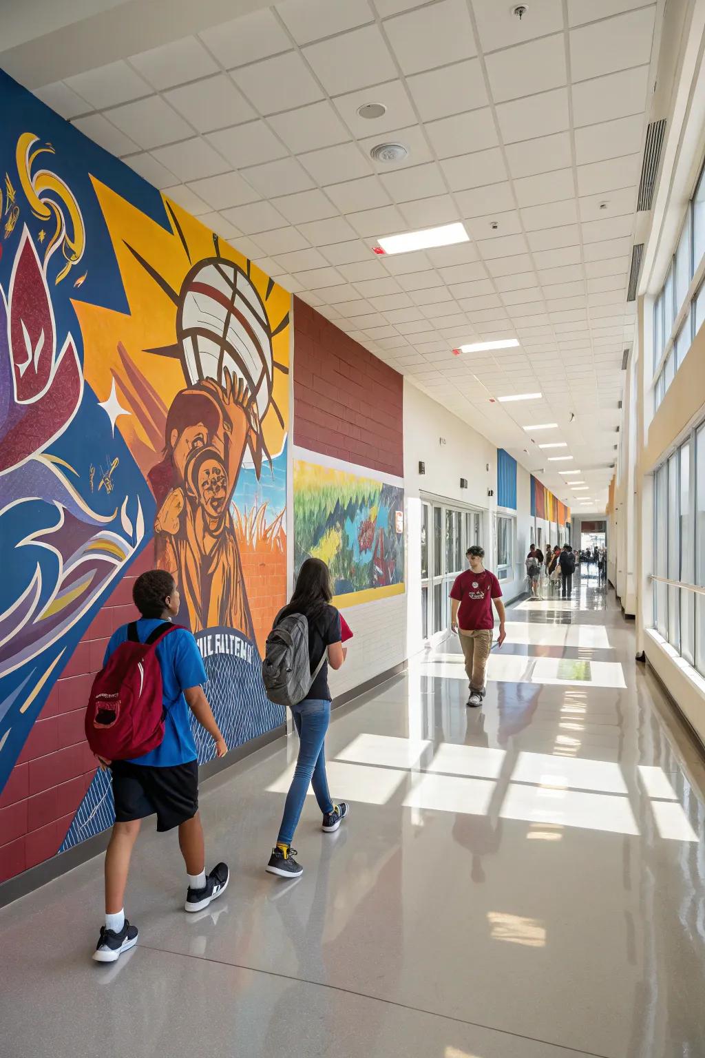 A vibrant custom mural that enlivens the school hallway with color and spirit.