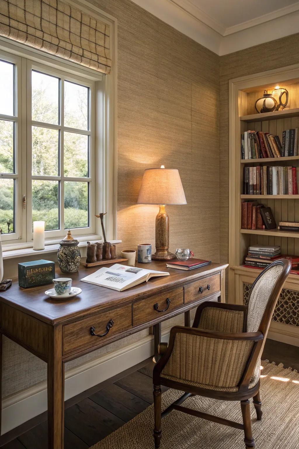 Grasscloth wallpaper infuses warmth and texture into a study space.