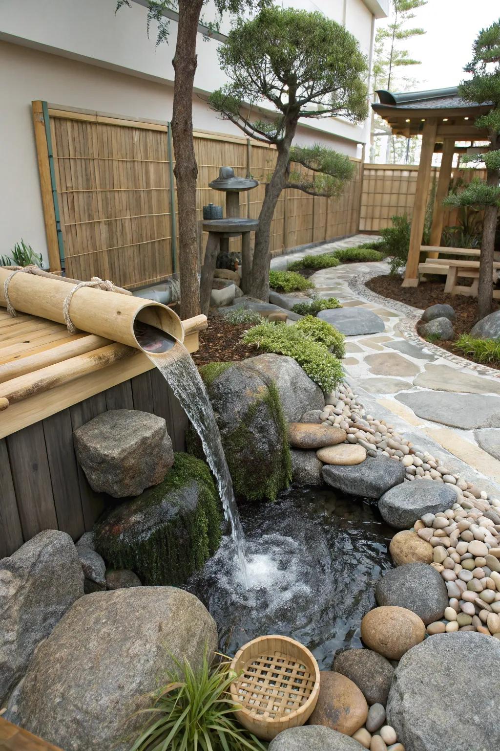 A Zen waterfall adds a meditative touch to a peaceful garden.