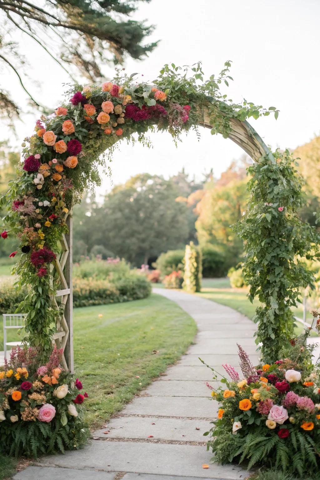 A vibrant blossom-laden archway ideally complements wedding ceremonies.