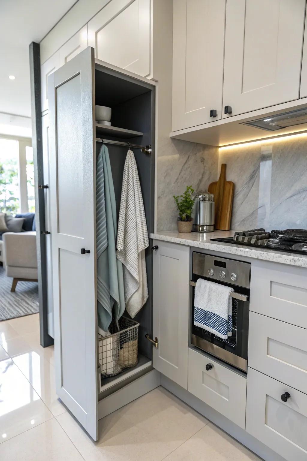 Maintain towels discreetly accessible by hanging them inside your cupboard doors.