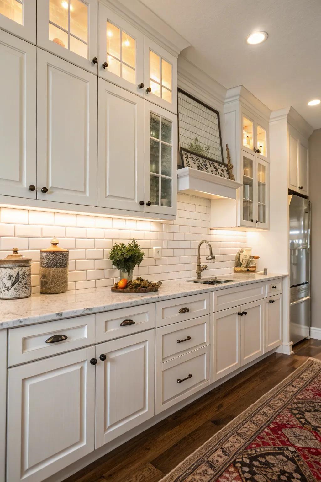 The eternal appeal of white brick-style tiles, perfectly complementing the neatness of white cabinets.