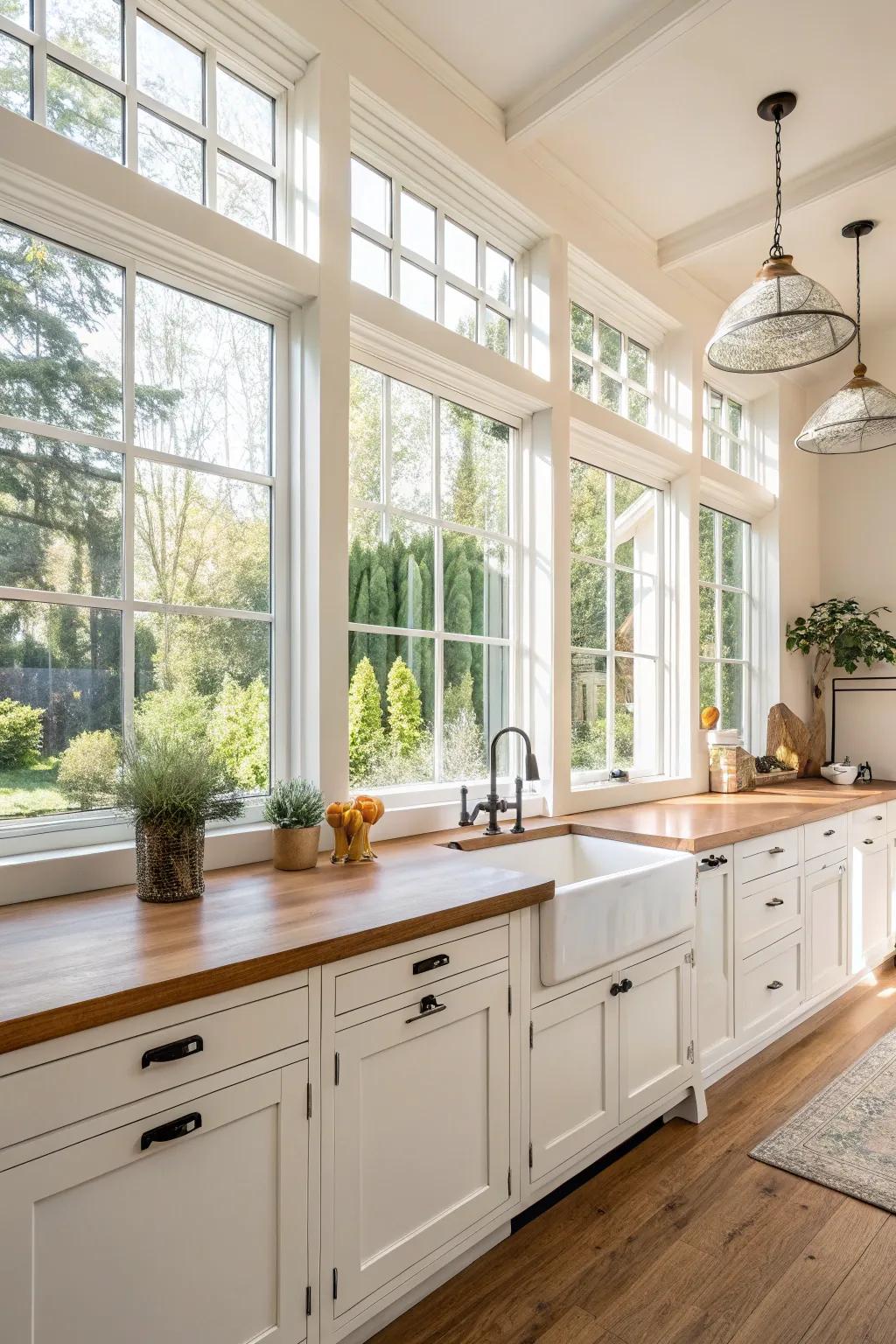 Sunlight cascading into a kitchen, accentuating the elegance of pale hues and timber.