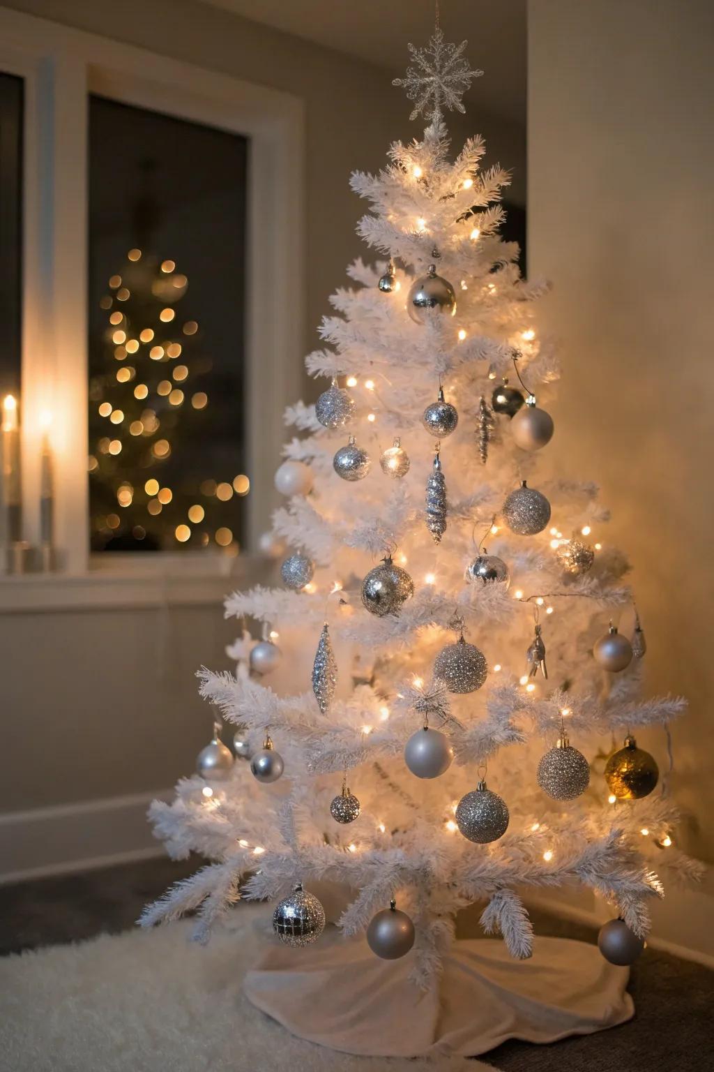 Elegant silver and metallic decorations on a white tree.