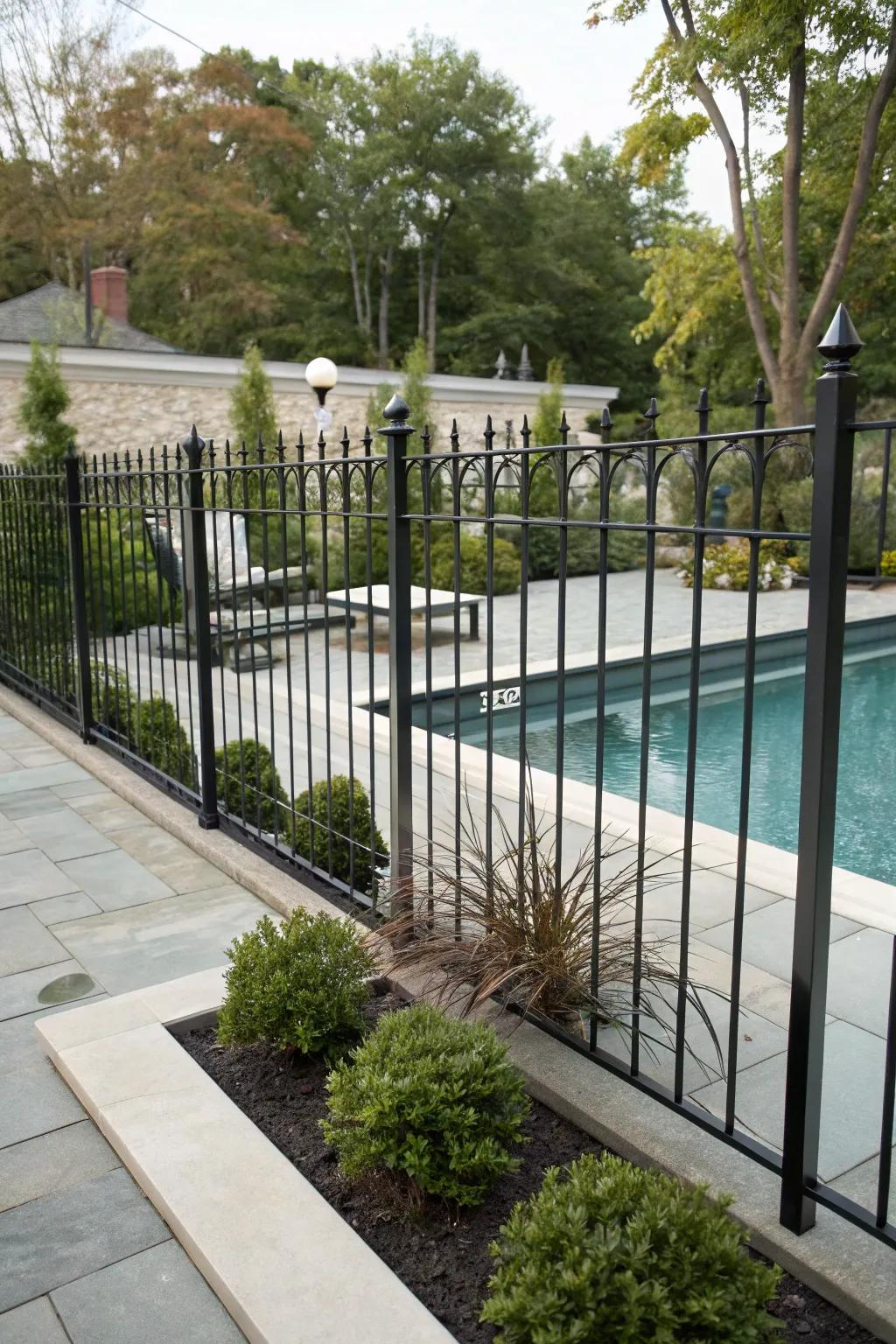 The sleek lines of a minimalist metal barrier complement this contemporary poolside.
