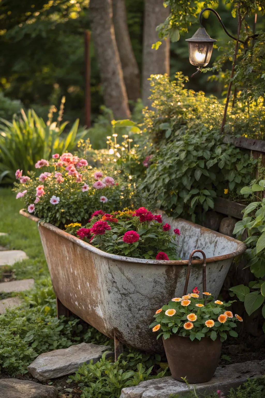 A repurposed metal tub planter brings rustic charm to this garden.