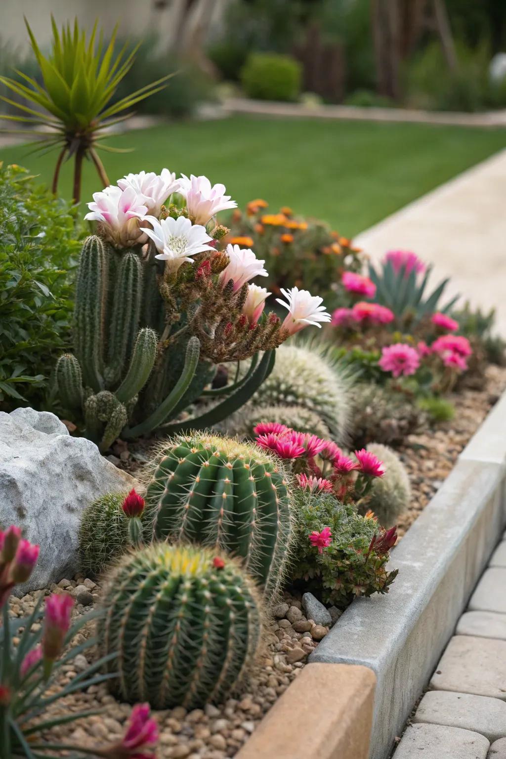 A singular combination of cacti and blossoms creates a lovely contrast.