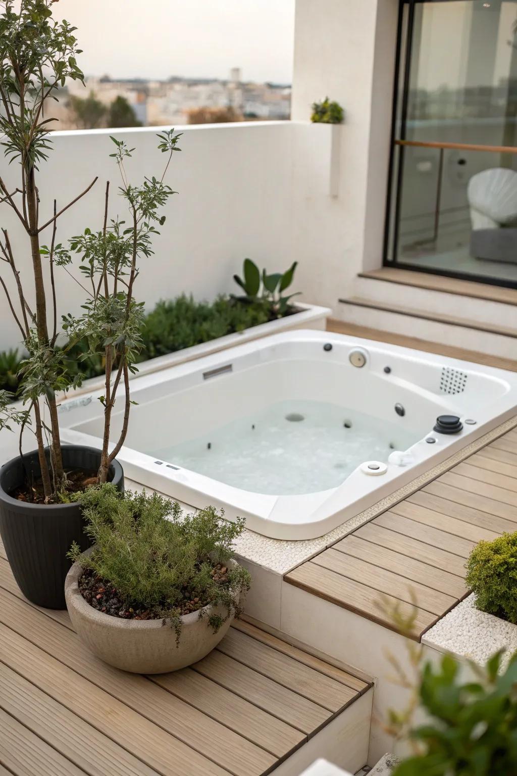 A minimalist design creates a calm and relaxing hot tub area.