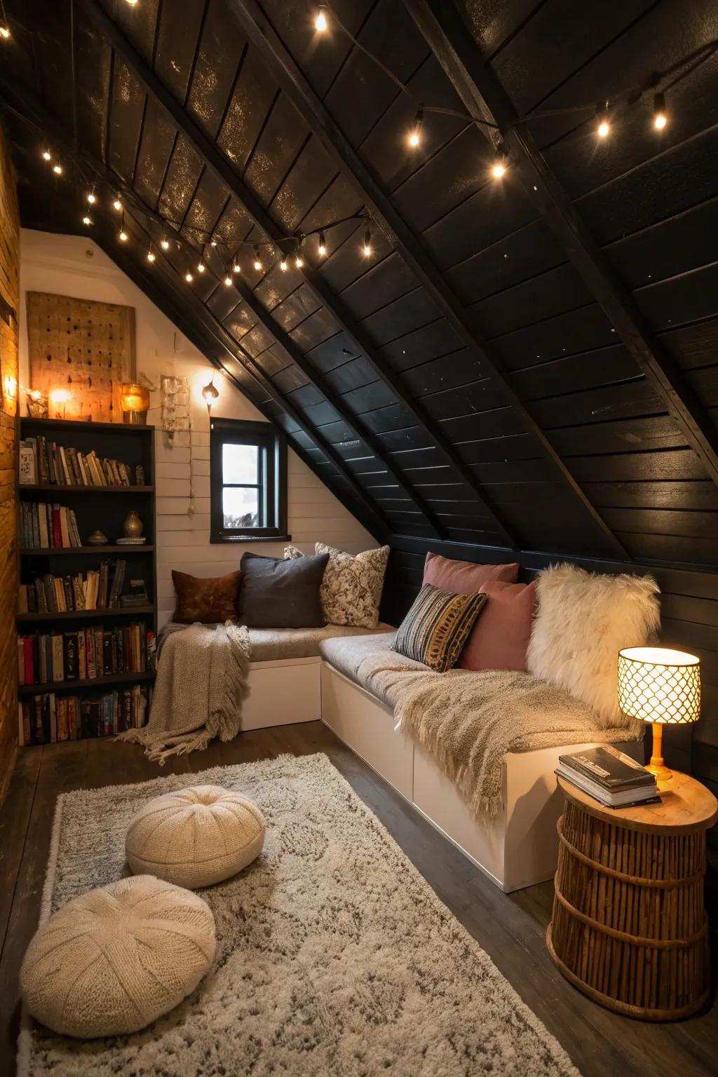 A cozy nook where a black ceiling creates a relaxing atmosphere.