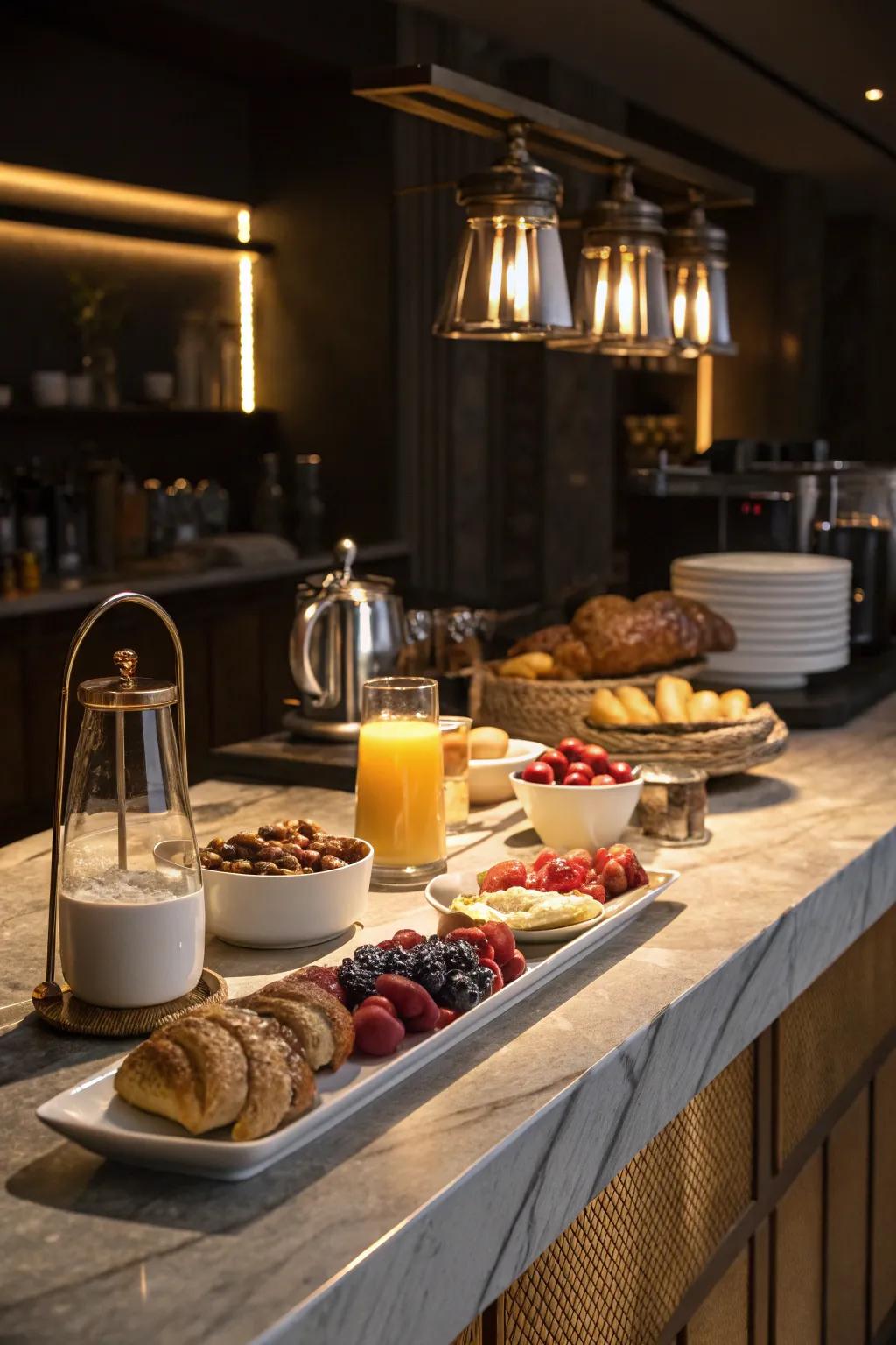 A breakfast bar enhanced by sophisticated backlighting.