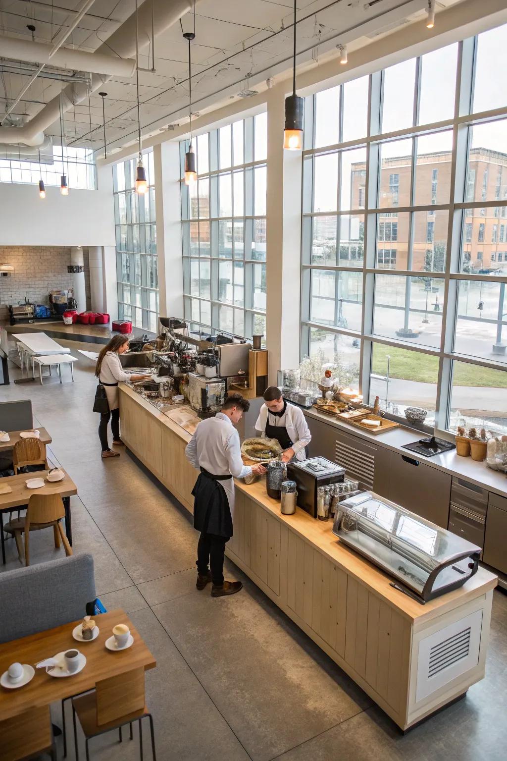 An open layout in a cafe kitchen creating a spacious and inviting atmosphere.