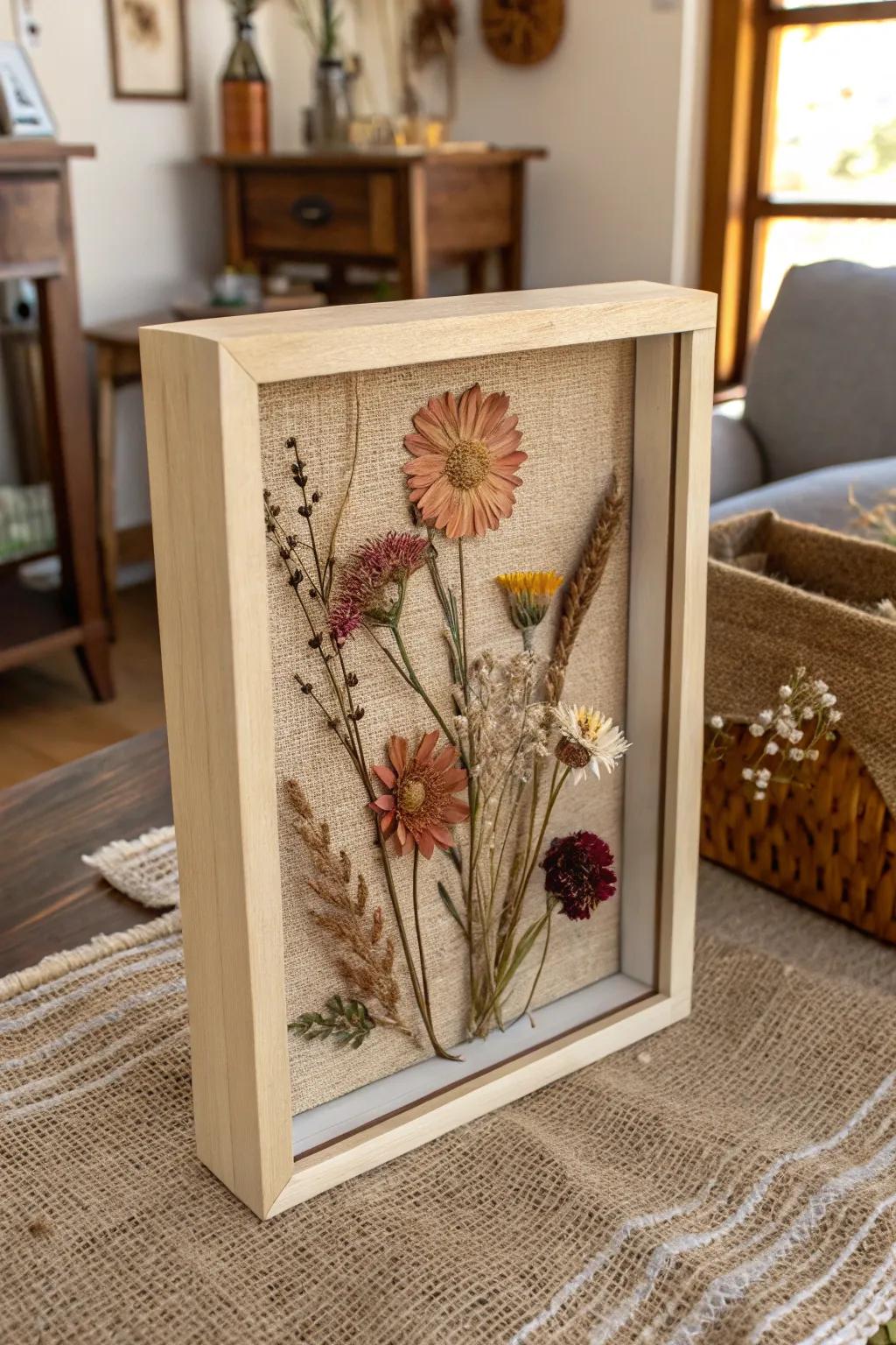 Enhance your decor with textured backgrounds in dried flower display cases.