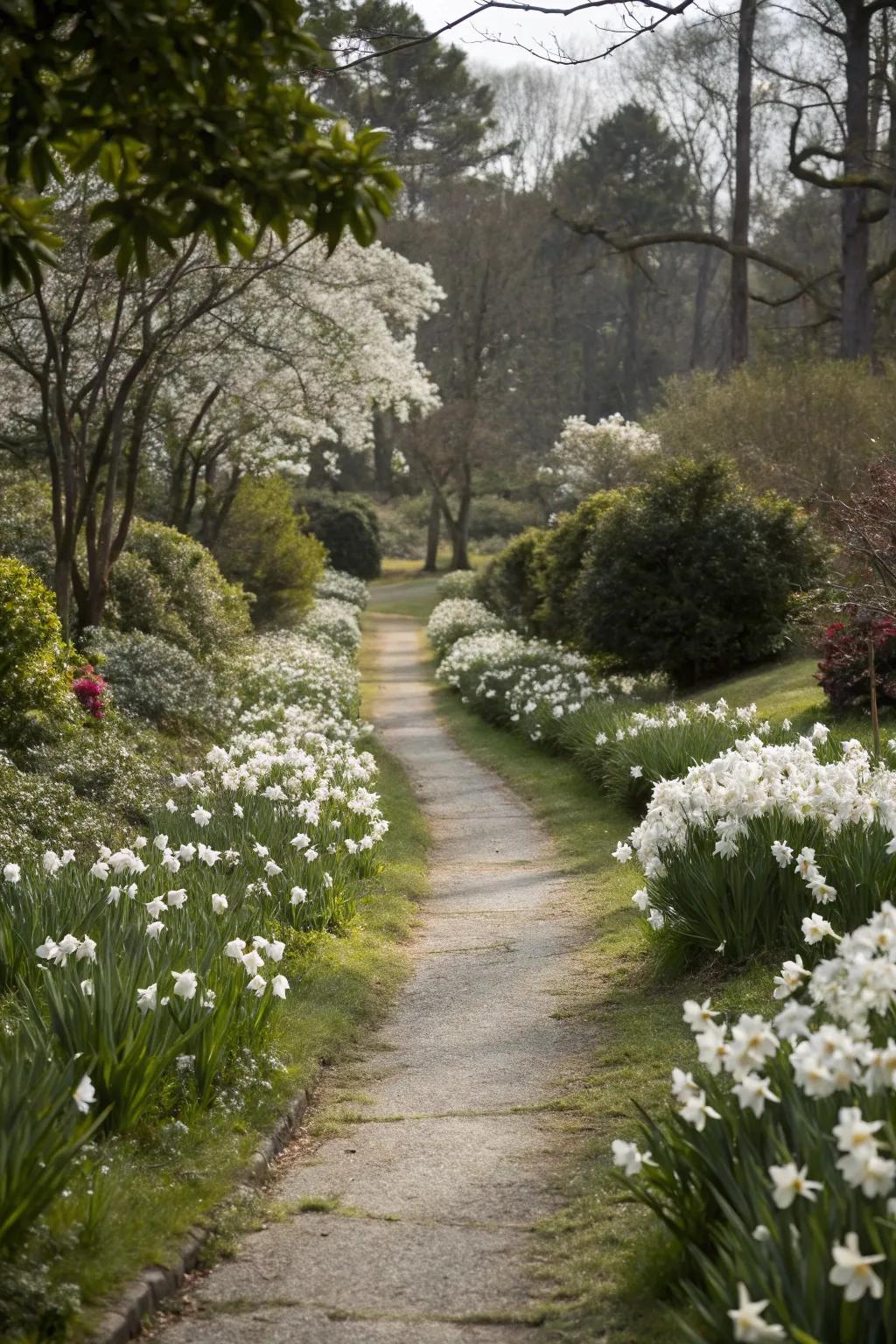 A white flower pathway creating a fairy-tale garden entrance.
