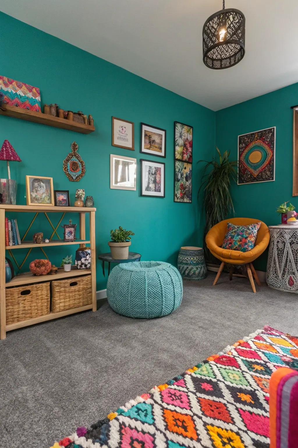 Sea-green walls create a vibrant and dynamic backdrop with gray carpets.