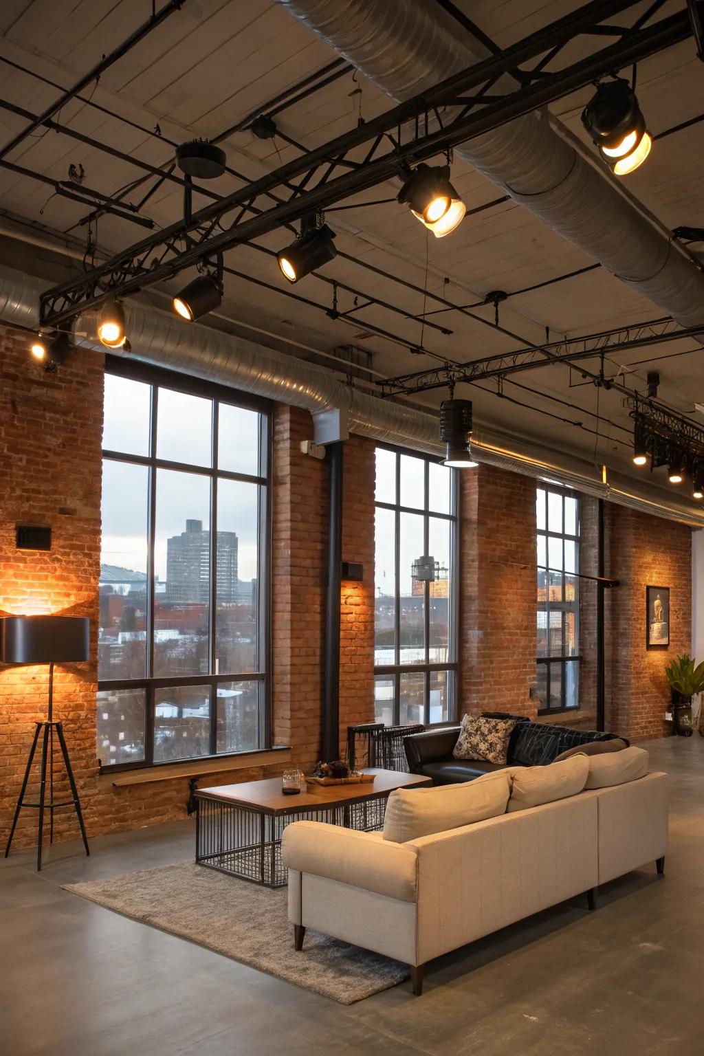 Factory-style sitting expanse featuring stunning LED projector lighting