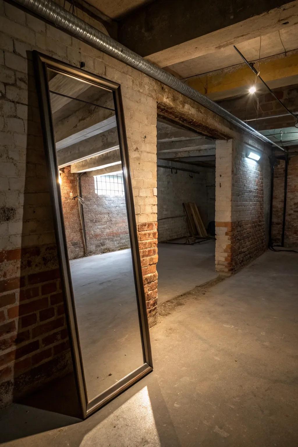 Mirrors that span the full height of the wall contribute to the elevation and illumination of a basement.