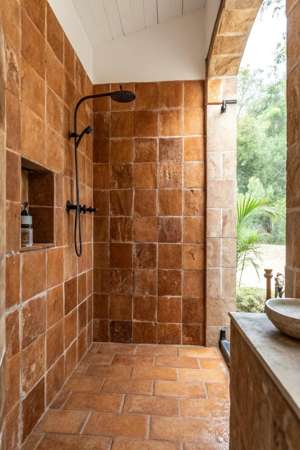 A shower featuring organic terracotta tiles for a warm, rustic feel.