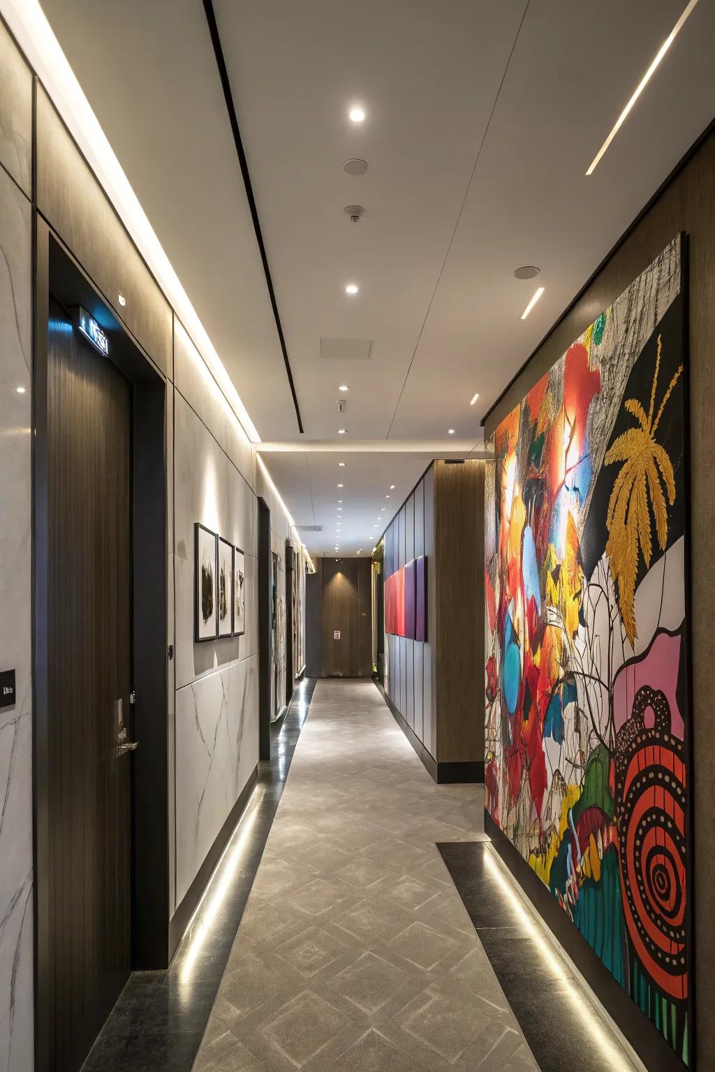Unexpected art installations inject drama and intrigue into the hallway.