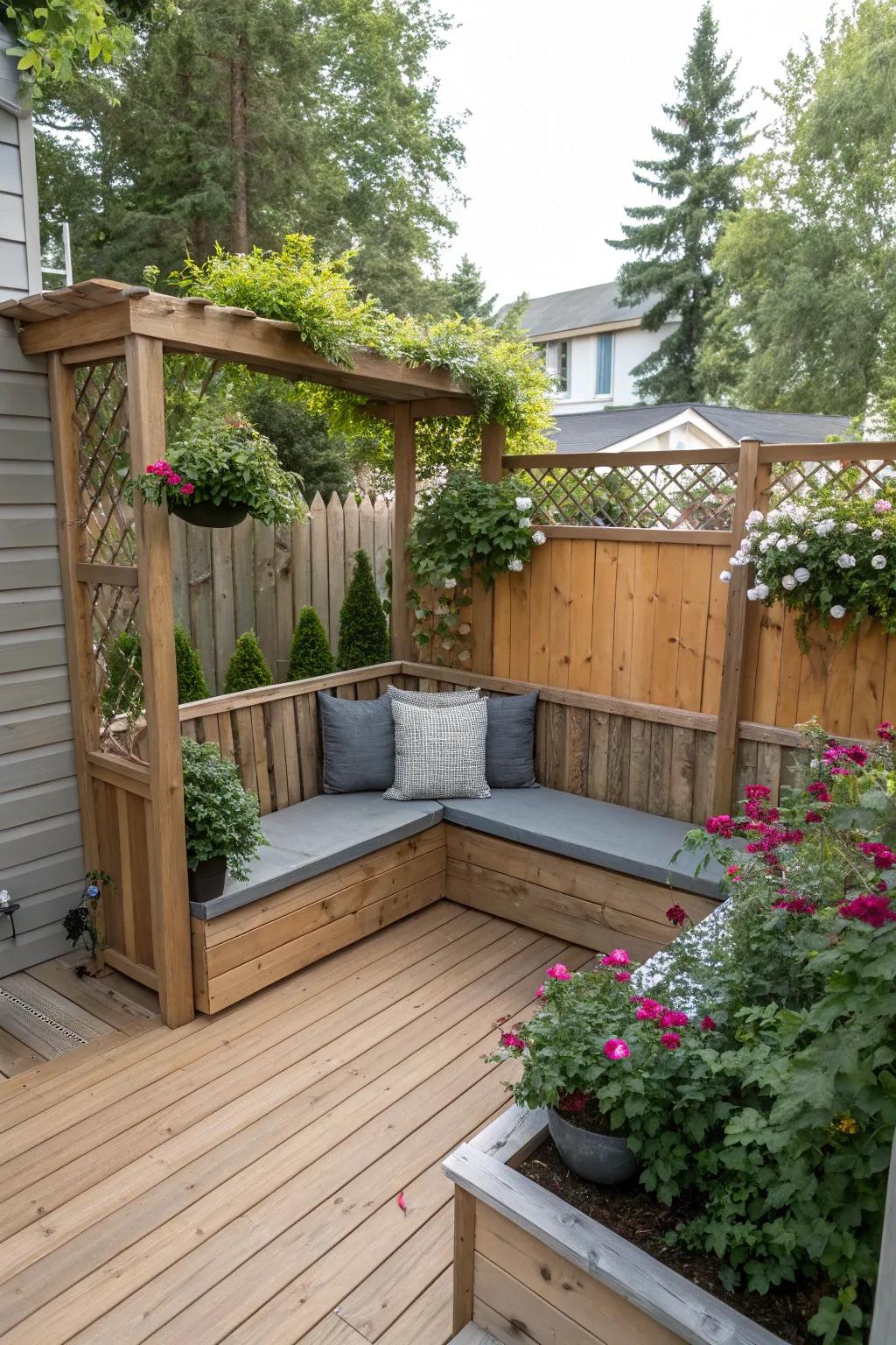 High-back benches design a comfortable, secluded nook on a deck.