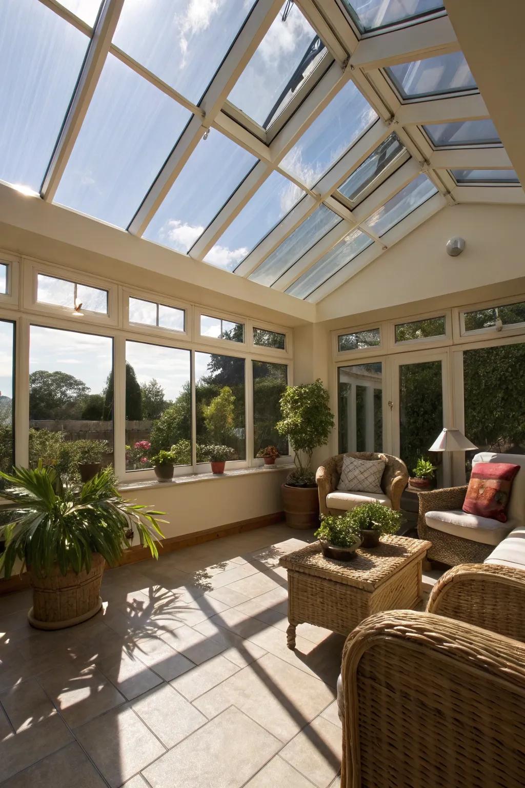 Upper windows flood this sunroom with natural light.