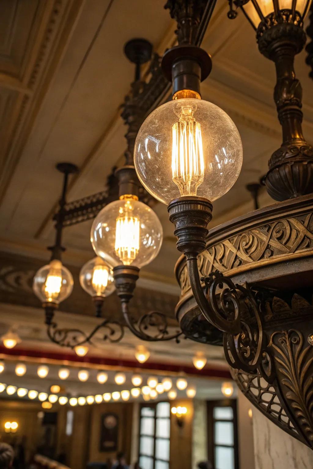 Vintage bulbs complete the Tuscan lighting aesthetic.