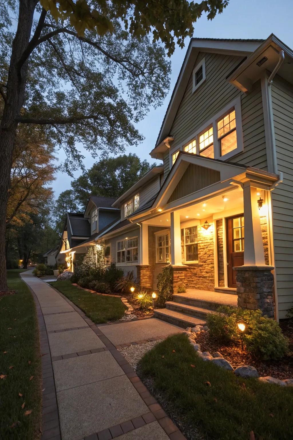 A mix of lighting styles results in a distinctive and customized home exterior.