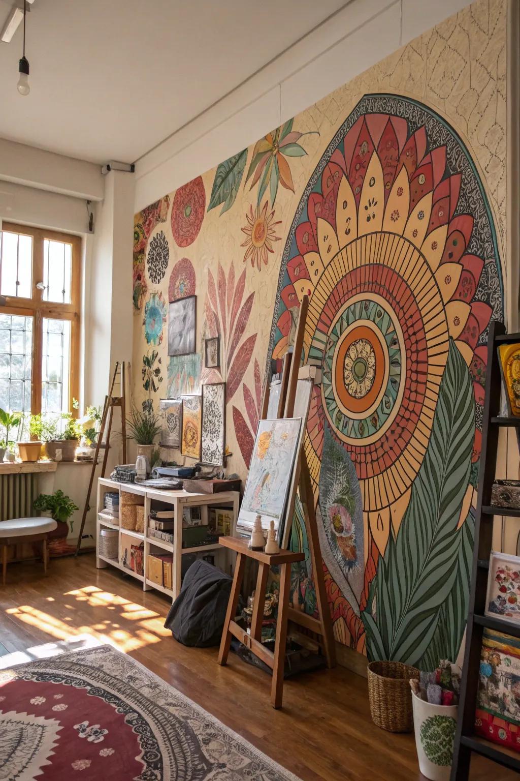 Infuse your space with creativity with a bohemian mural in your studio.