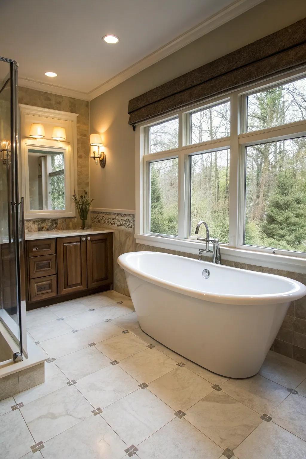 Freestanding bathtub positioned near a window for a spa-like focus.
