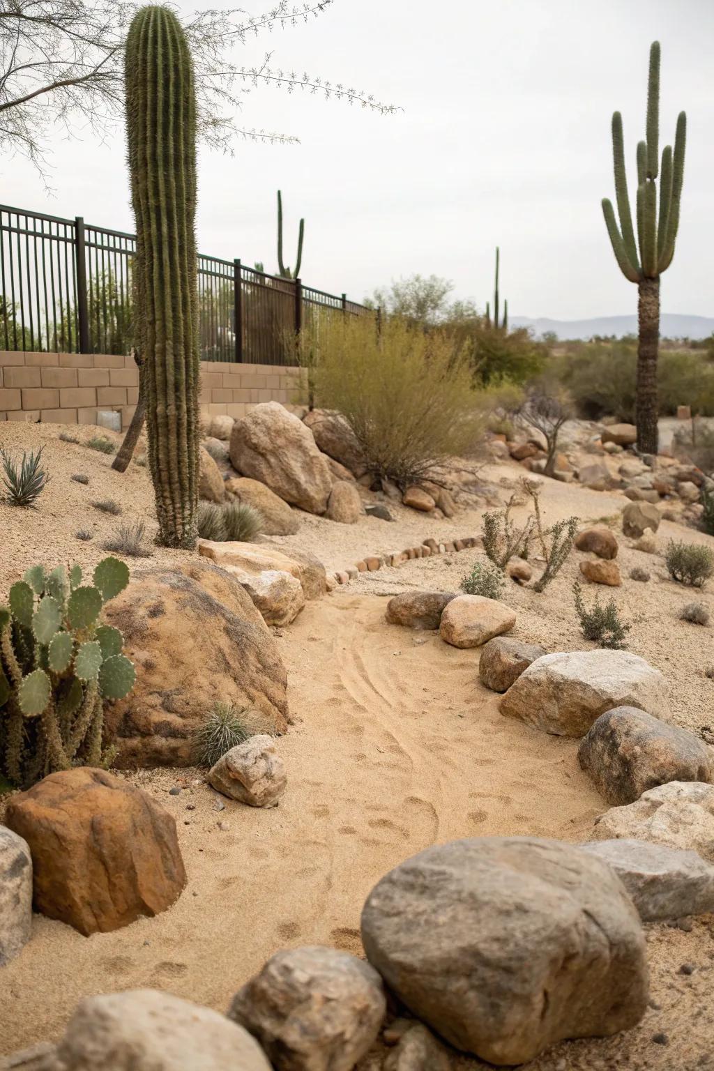 Transport the desert to your backyard with sand, rocks, and cacti.