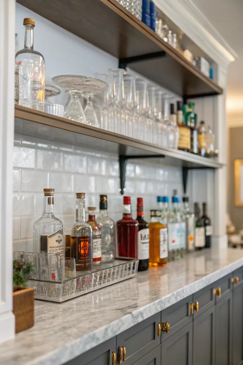 Open shelving elegantly displays your glassware and spirits.