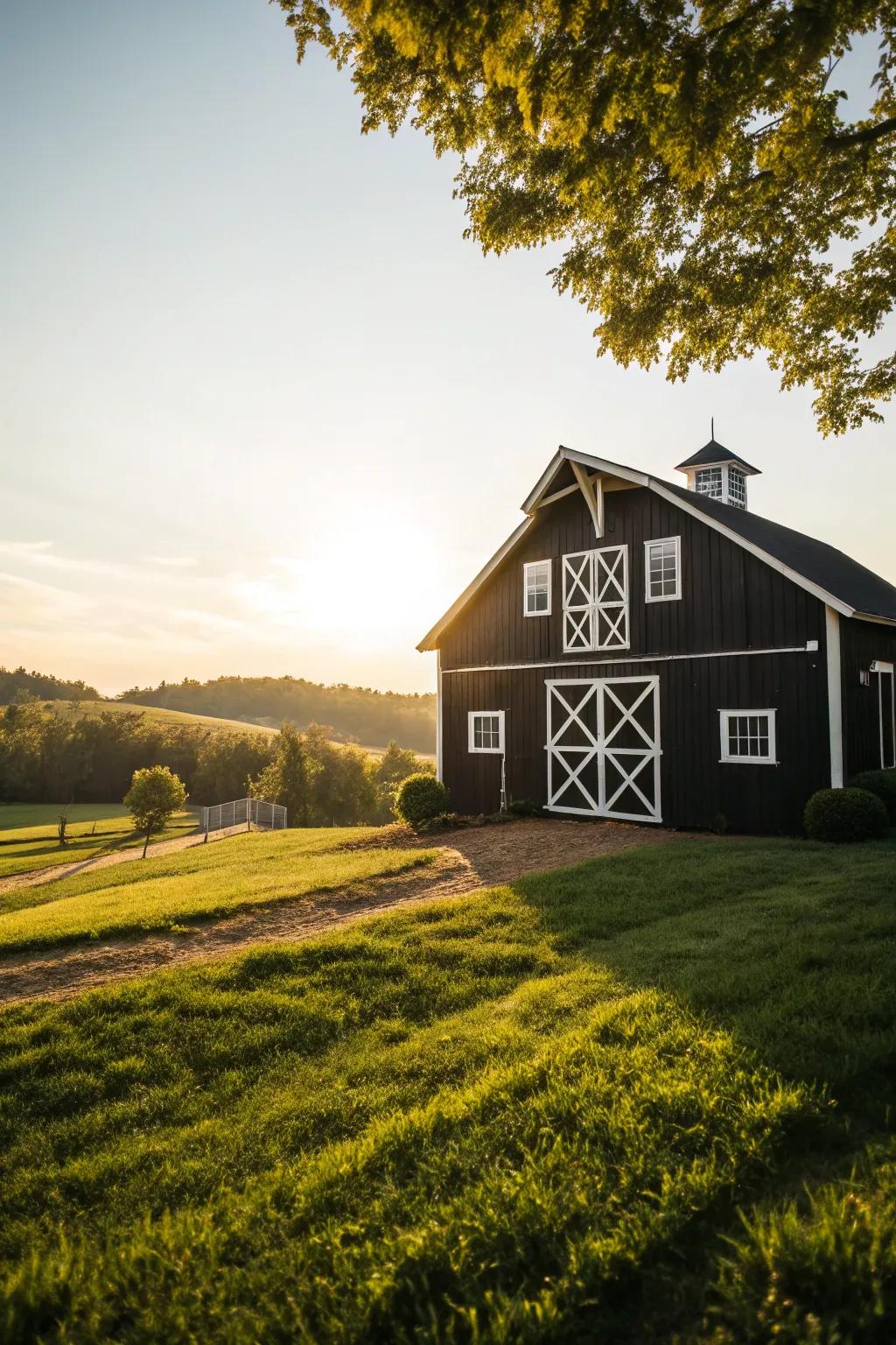 A barn with contrasting trim highlighting its architectural details.