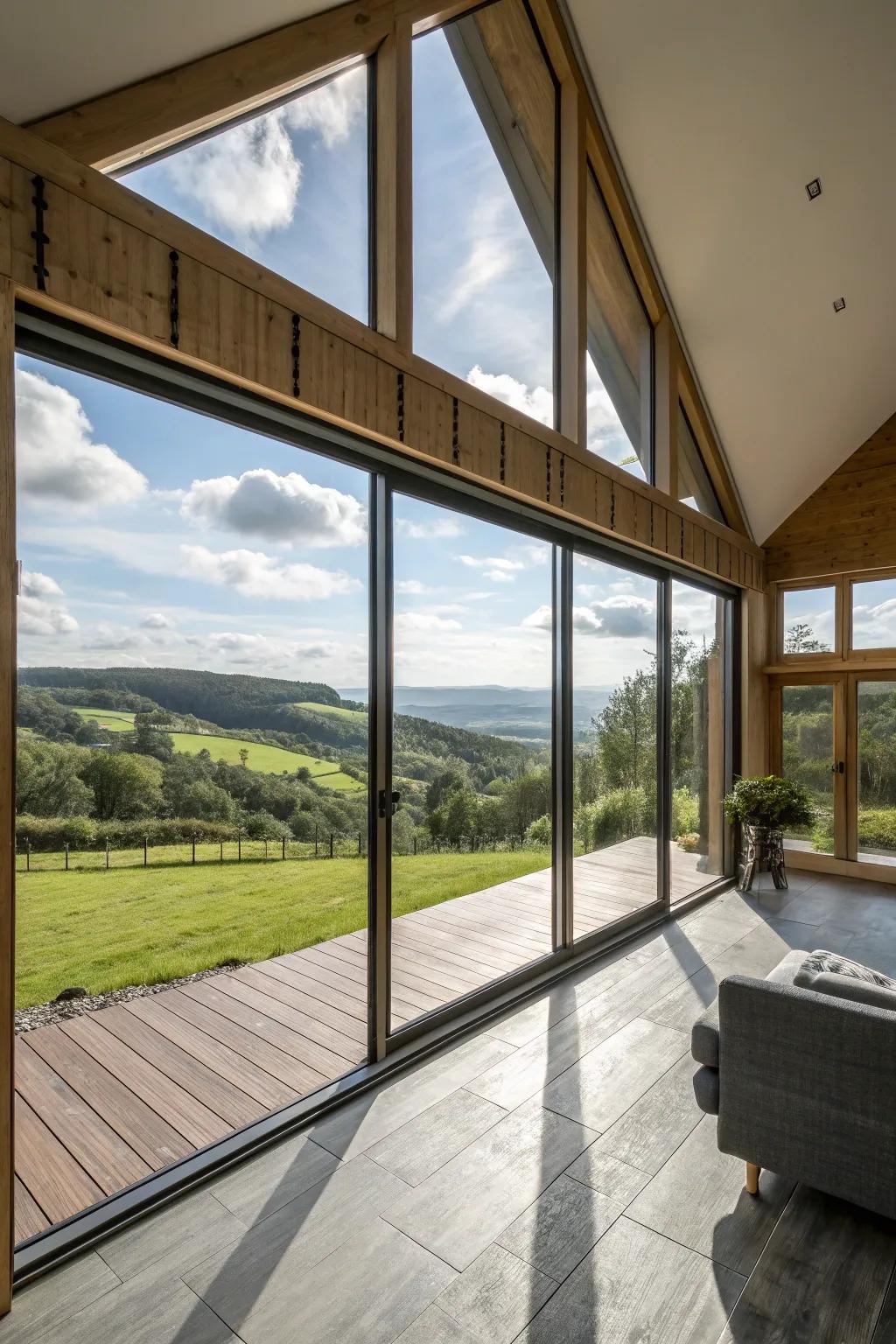 Expansive glass brightens barn interiors, creating a seamless blend with the outdoors.