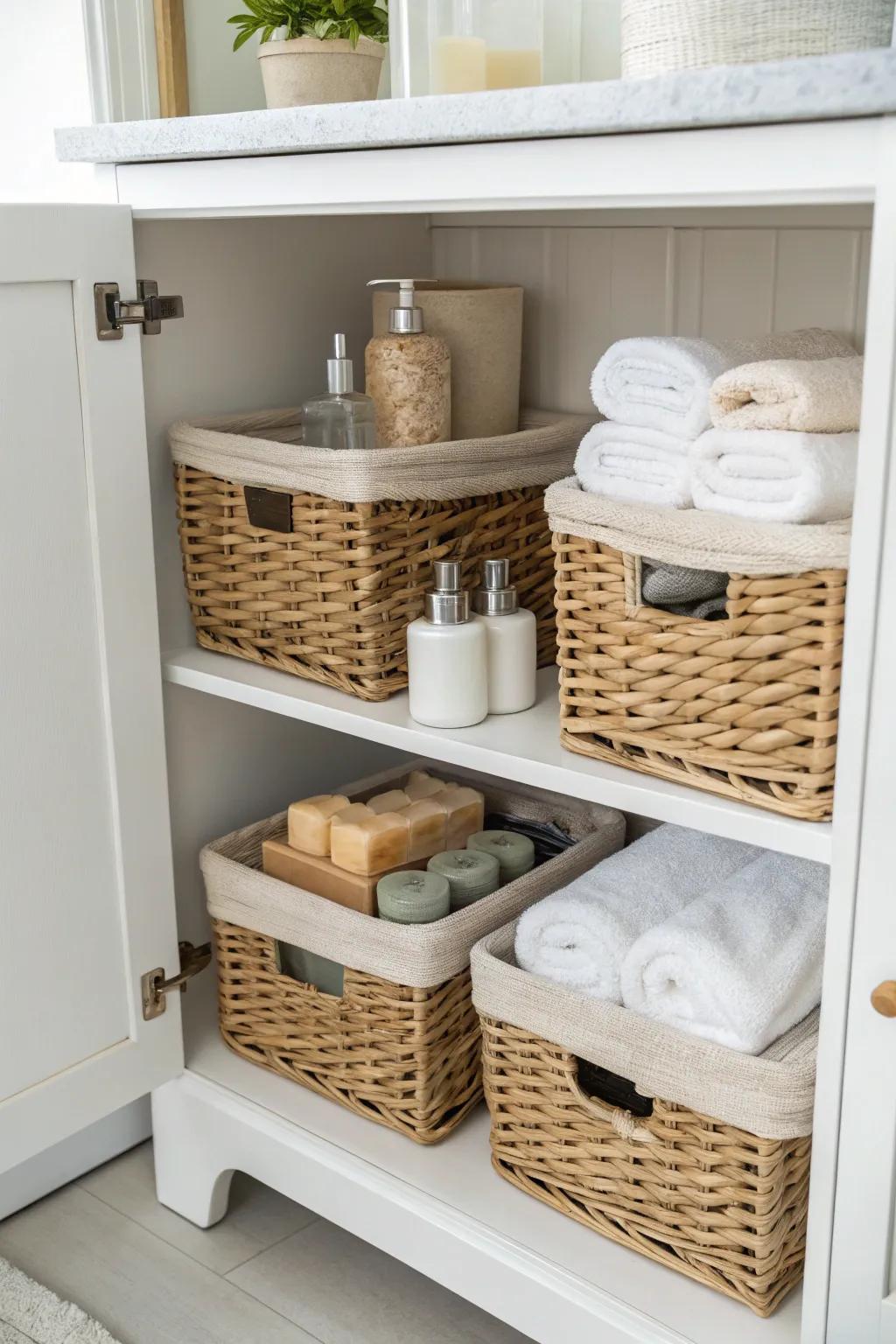 Baskets bring both order and style to your bathroom.