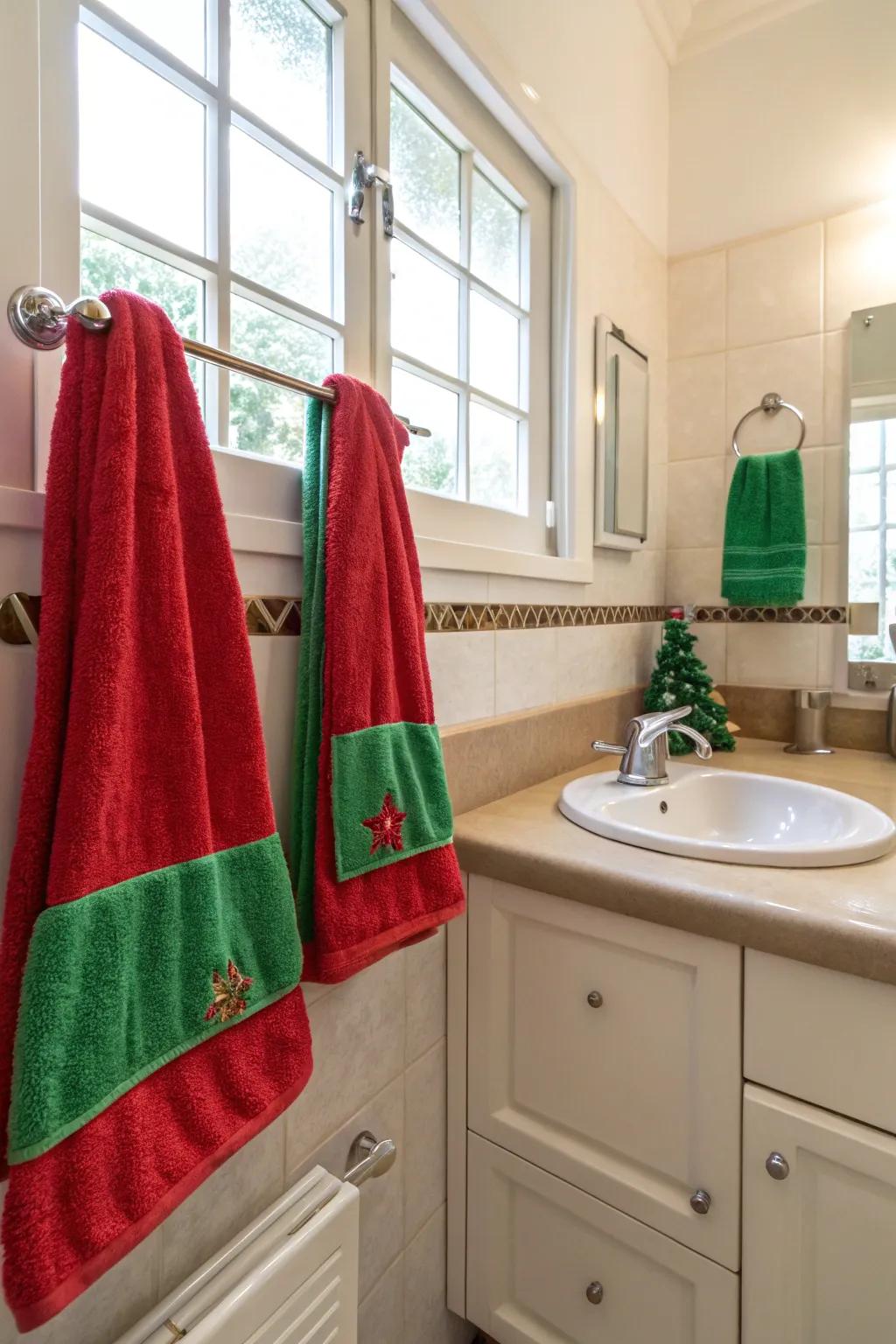Festive towels bring a splash of holiday color to this bathroom.