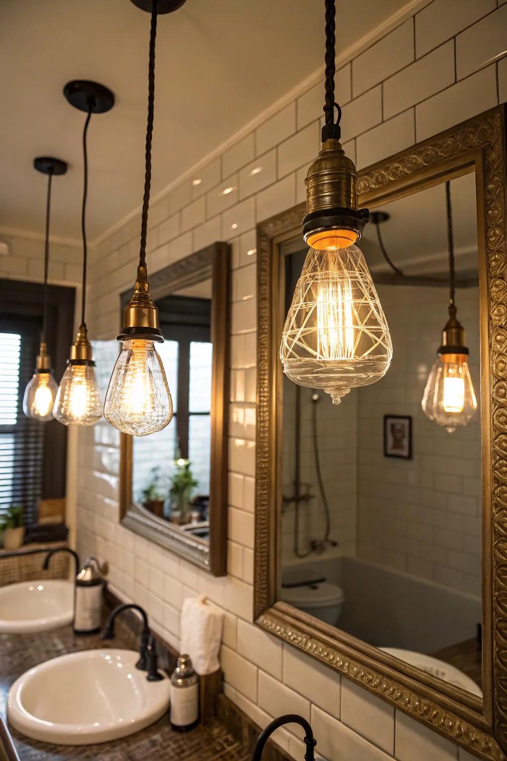 Vintage pendants bring charm and character to bathroom lighting.