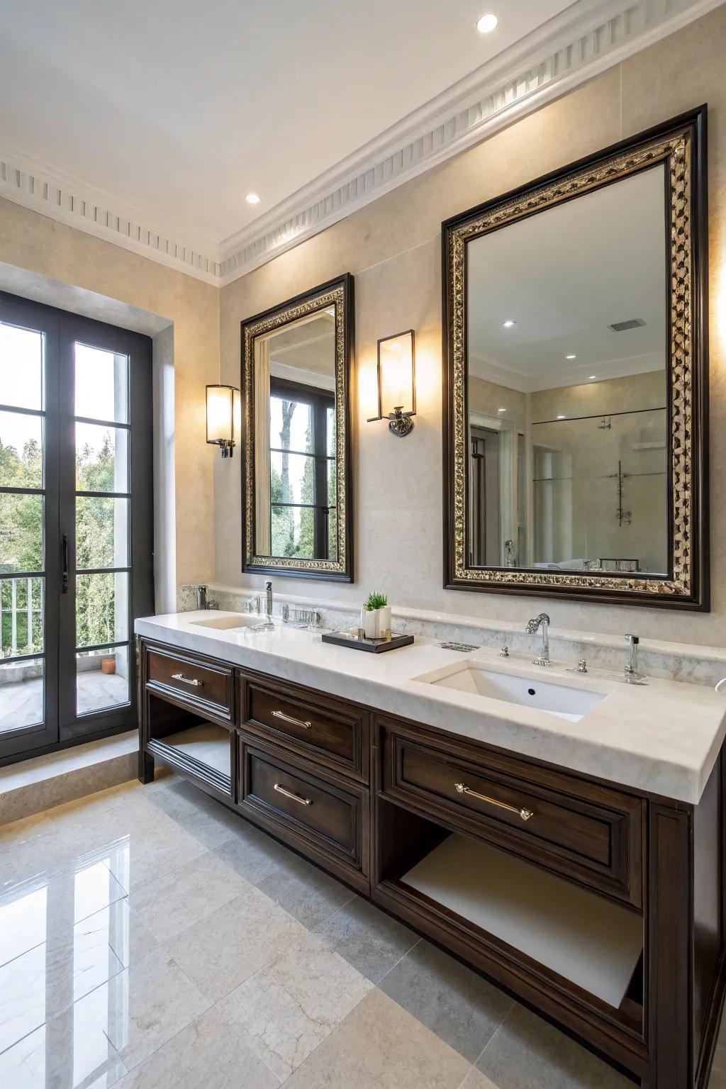 A double basin console unites elegance and function for a shared sanctuary.