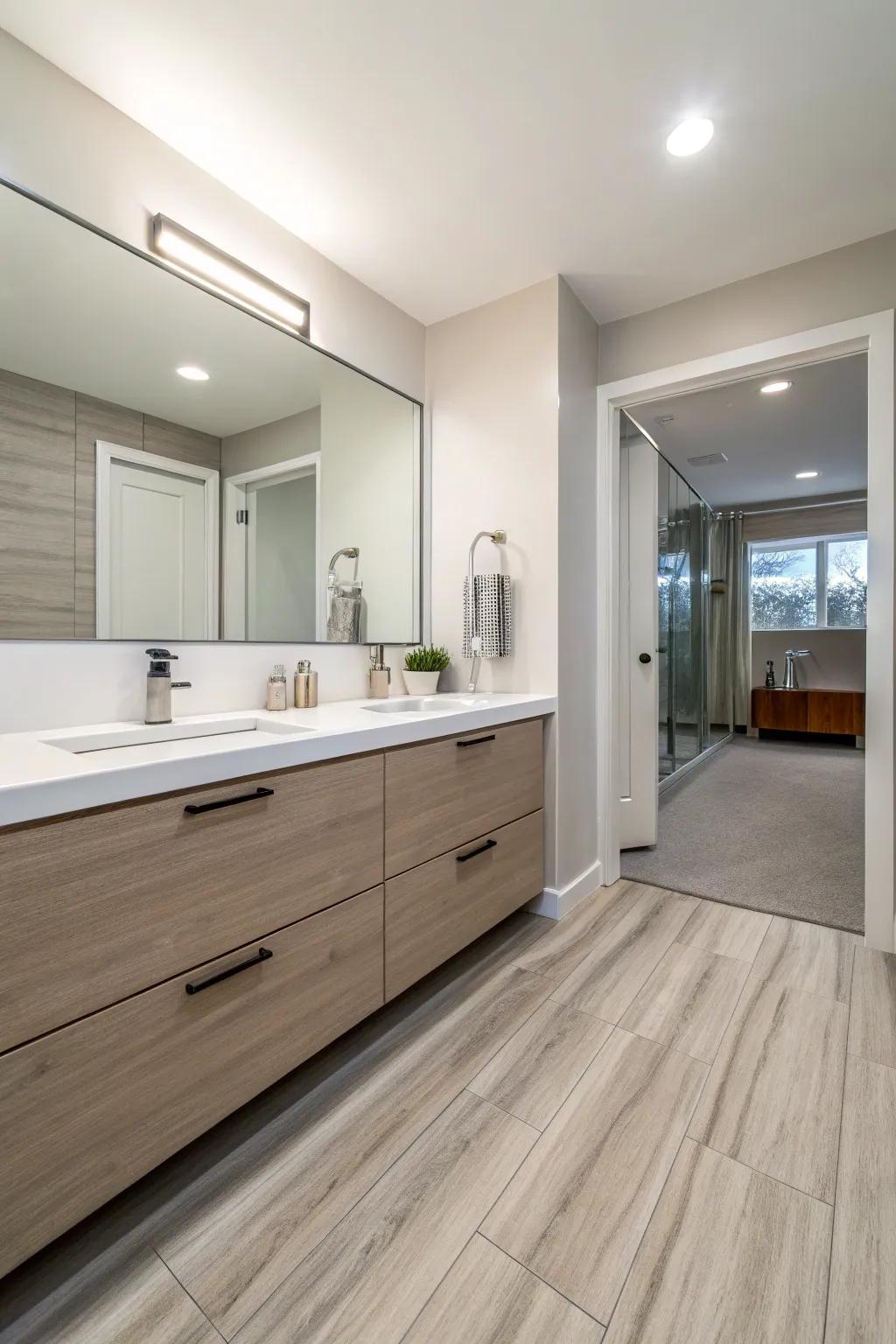 Minimalist durable flooring results in a tidy and modern bathroom appearance.