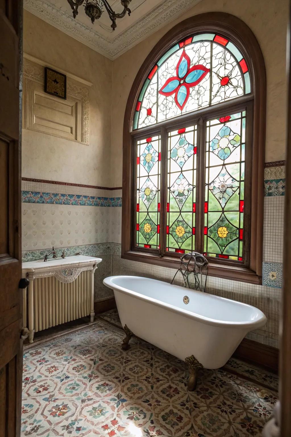 Stained glass windows creating a colorful ambiance in the bathroom.